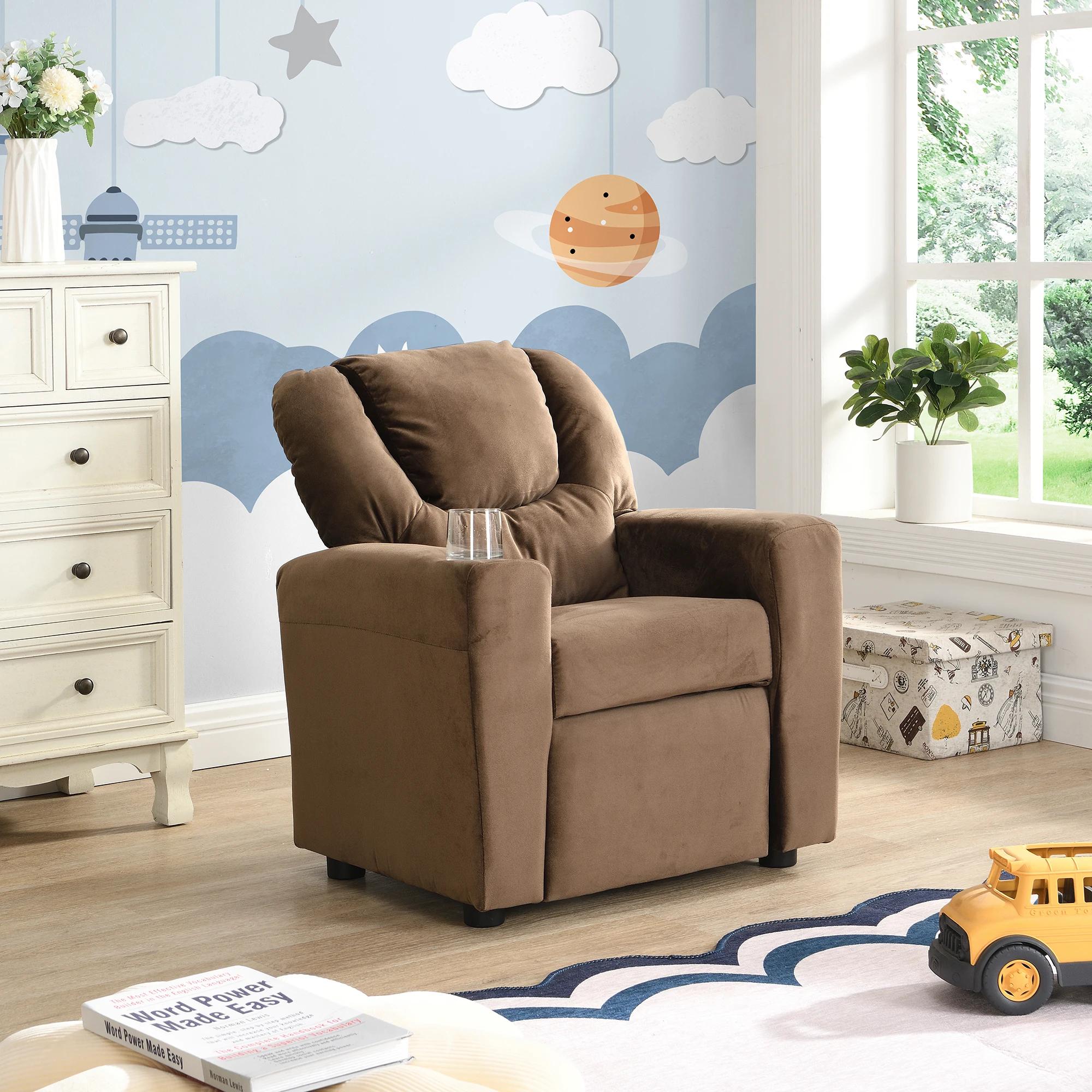 Fauteuil inclinable en velours pour enfants, canapé avec porte-gobelet, repose-pieds, dossier, enfan