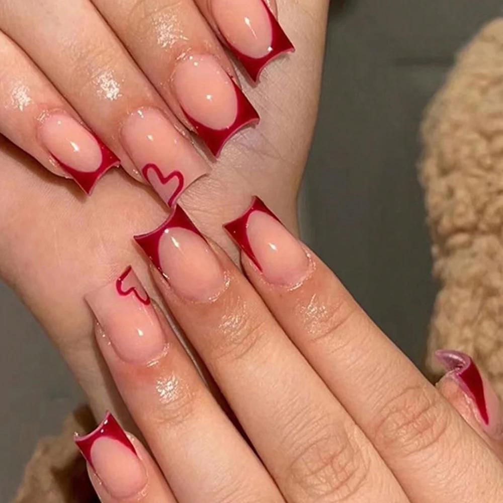 Faux ongles français simples rouge vin, style de luxe léger européen et américain, amélioration des