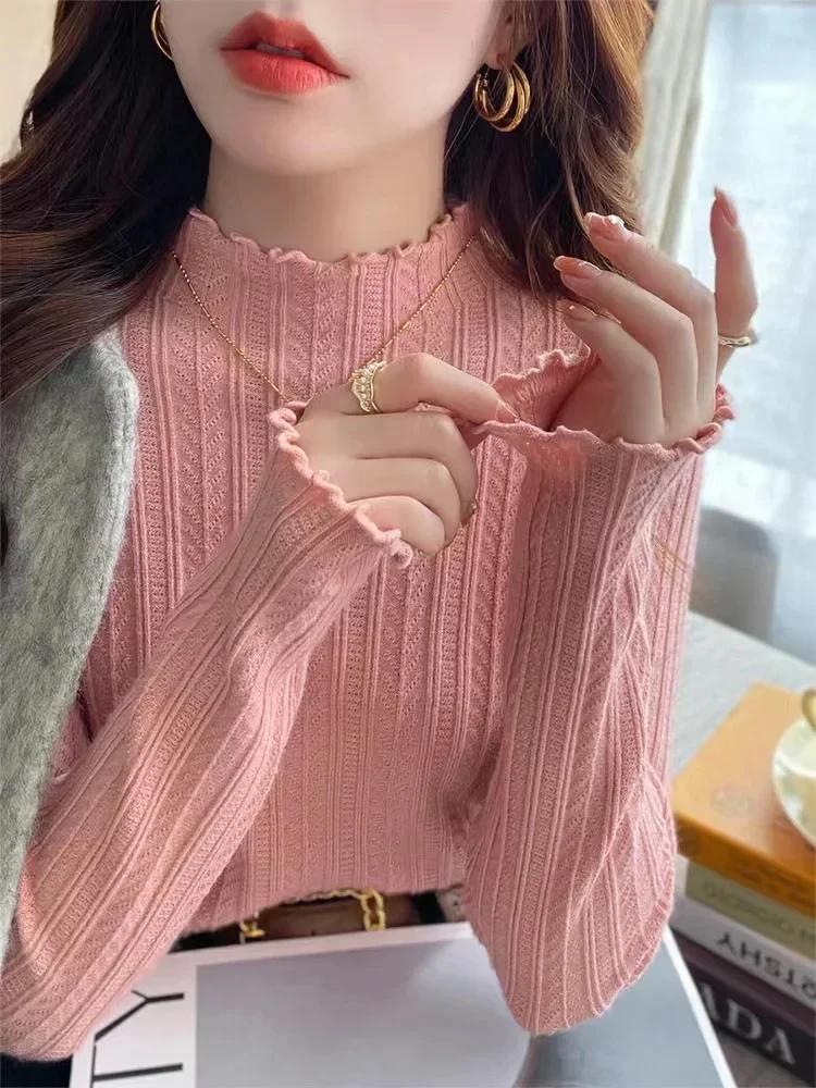 Pull tricoté à manches longues et col roulé pour femme, couleur unie, à volants, décontracté, nouvel