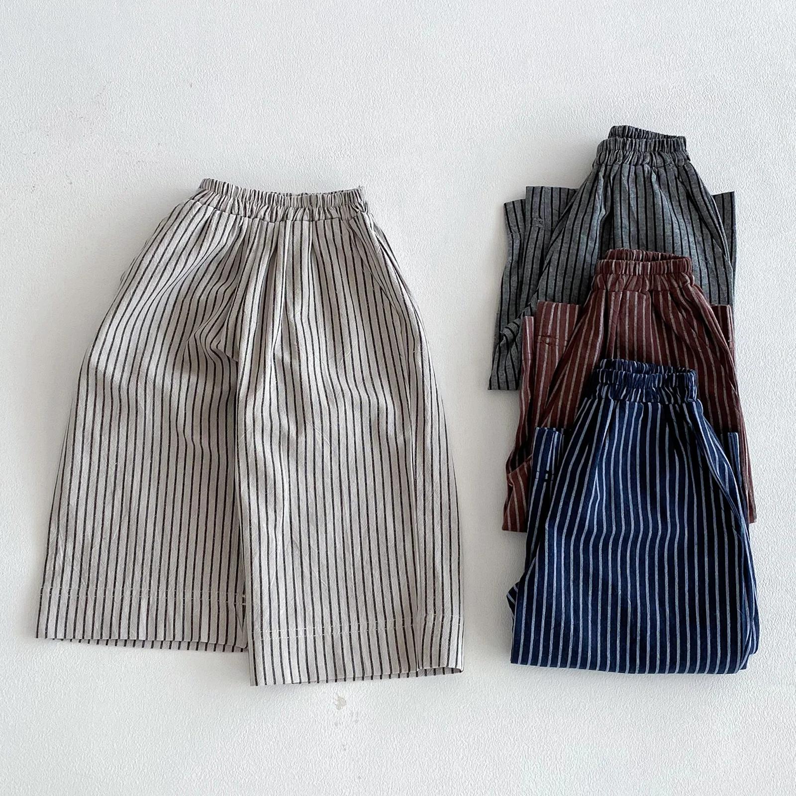 Pantalons en lin et coton à rayures pour garçons et filles, vêtements pour enfants, automne et print