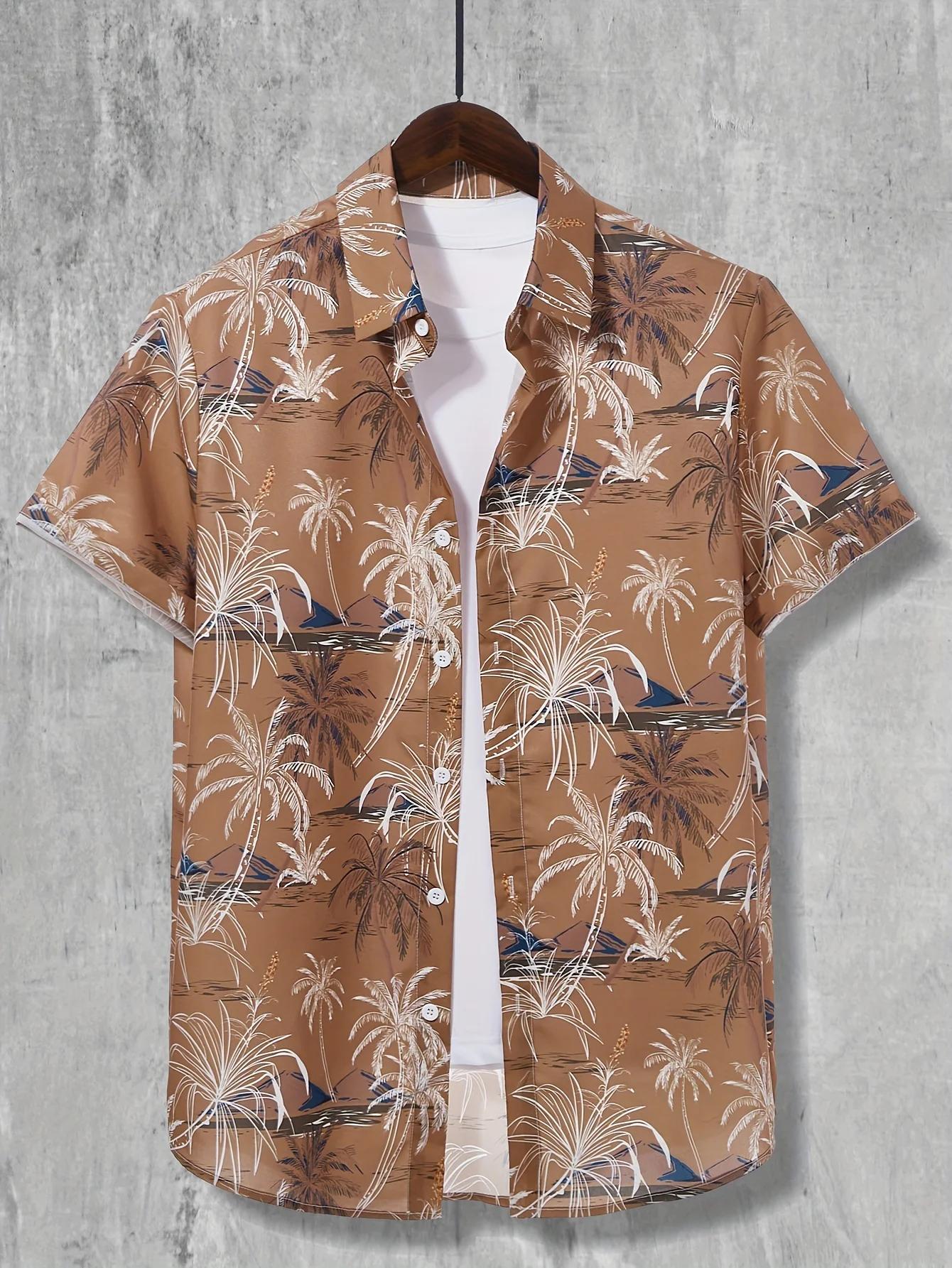 Chemise hawaïenne imprimée cocotier, chemise décontractée à manches courtes boutonnée pour hommes po