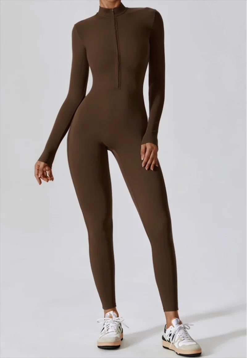 Combinaison yoga longue intégrée demi-zip - Vêtement sport femme couleur unie manches longues sexy
