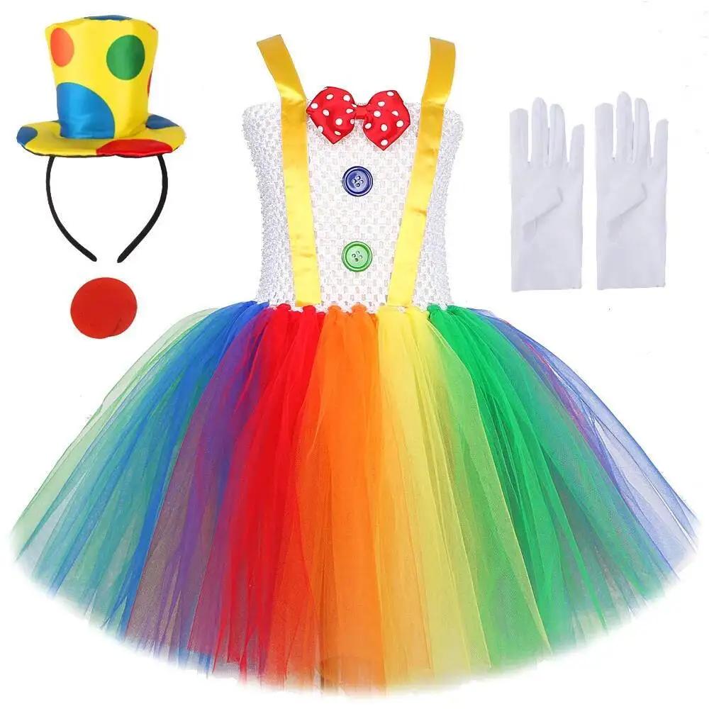 Costume de Clown de cirque arc-en-ciel pour filles, robe Tutu d'halloween Joker drôle pour enfants,