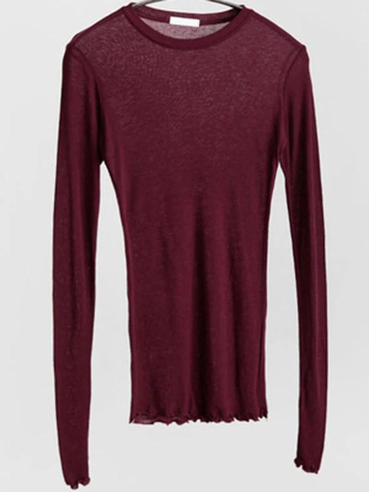 T-shirt uni à manches longues pour femmes, de haute qualité, élastique, basique, décontracté, Sexy,