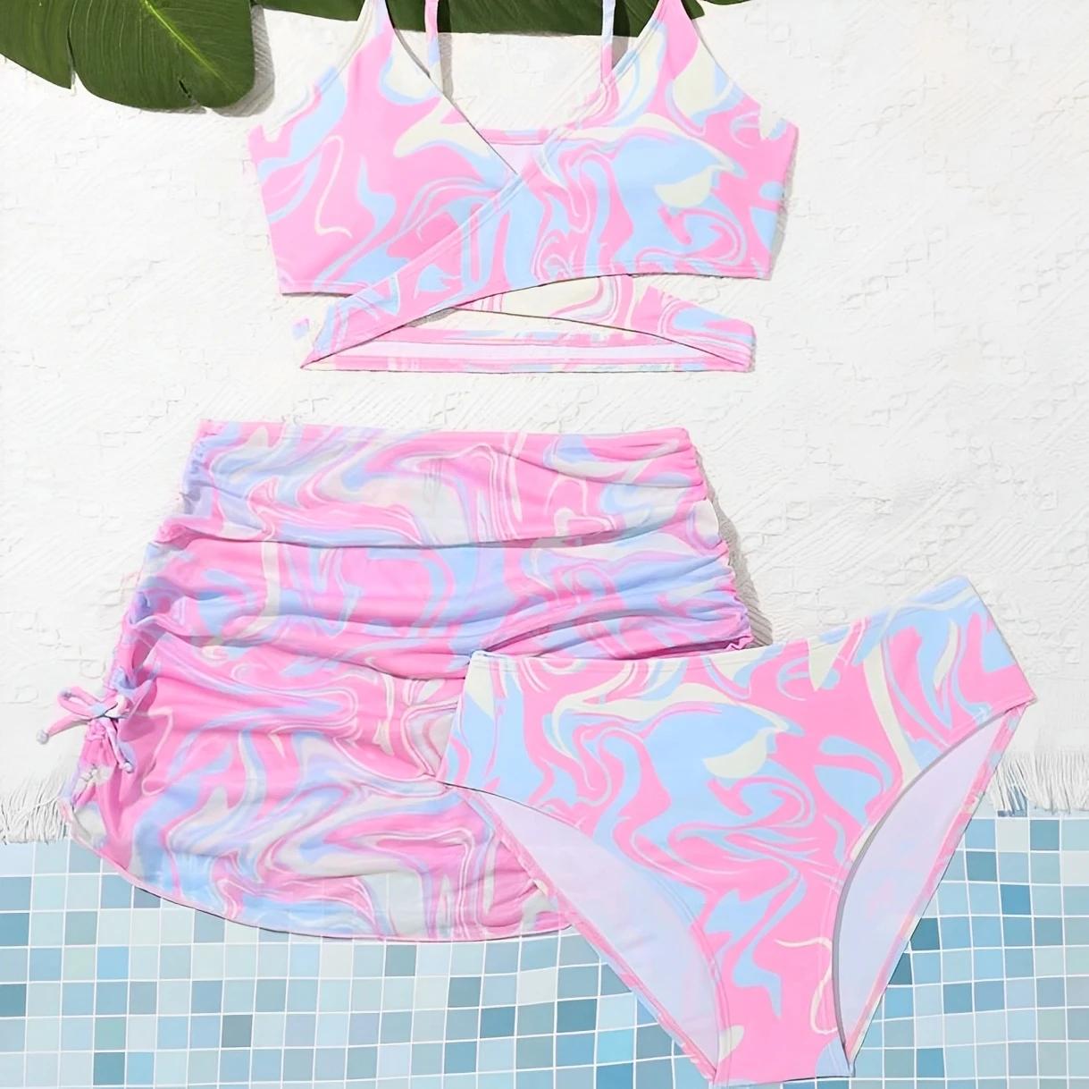 Maillot de bain 3 pièces imprimé Tie-Dye 2026 pour filles avec jupe, maillot de bain pour enfants, t