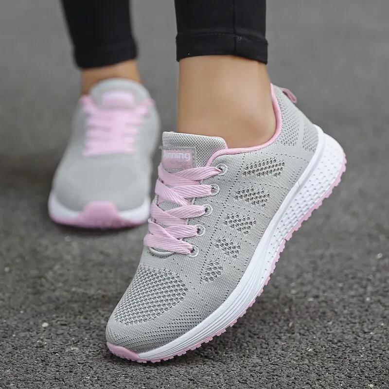 Chaussures décontractées femmes mode - Sneakers plates respirantes maille blanche confortables