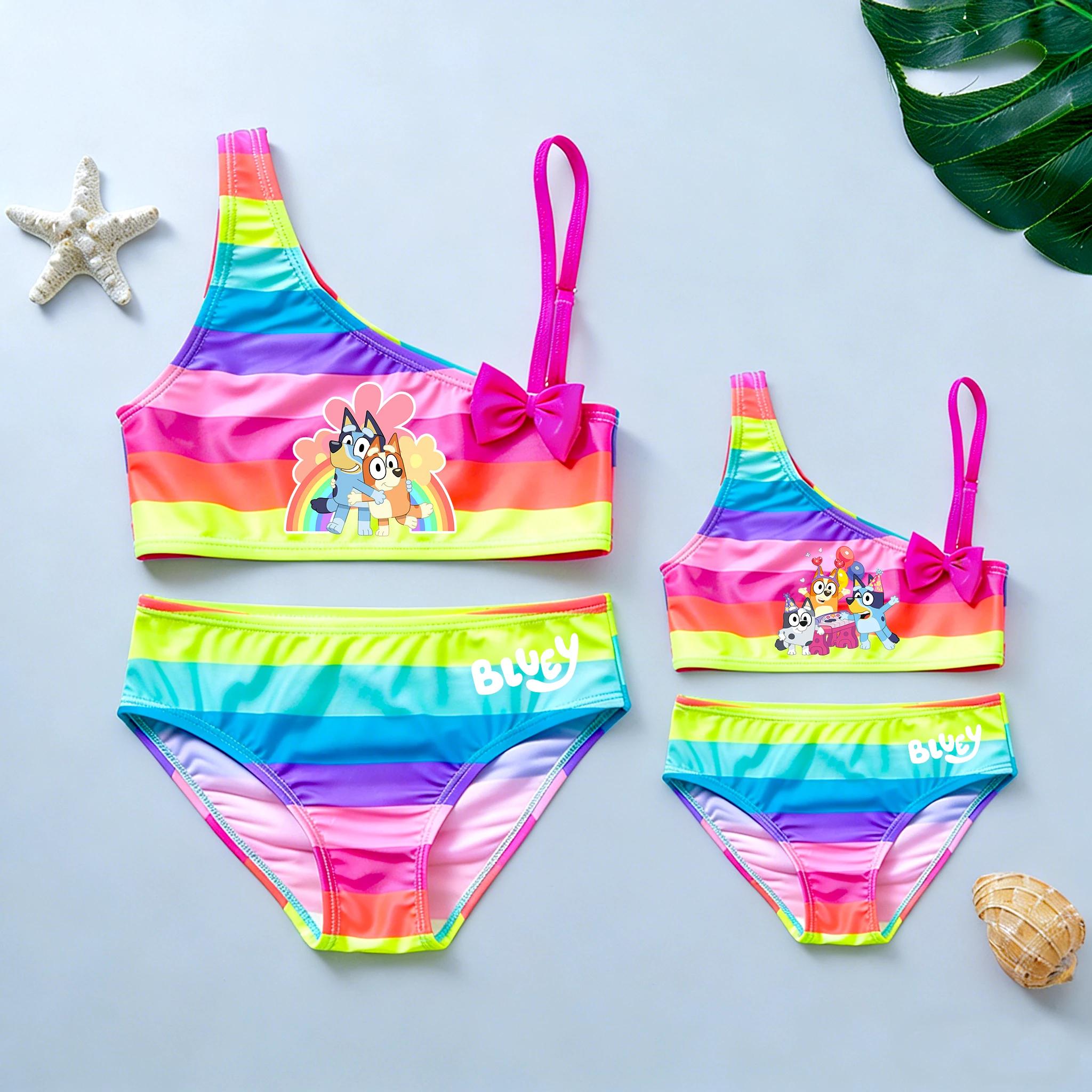 Maillot de bain fille Bluey Rainbow, tenue de plage d'été avec nœud, ensemble tankini 2 pièces pour