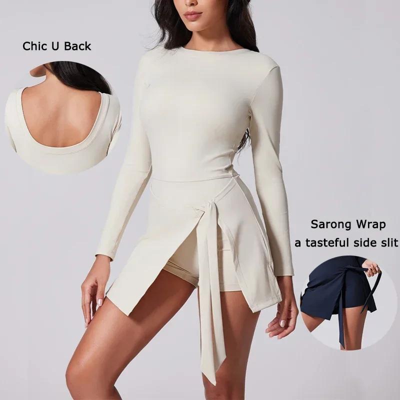 VITALINOVO Robe de tennis à col haut pour femme, jupe portefeuille à manches longues, short intégré,