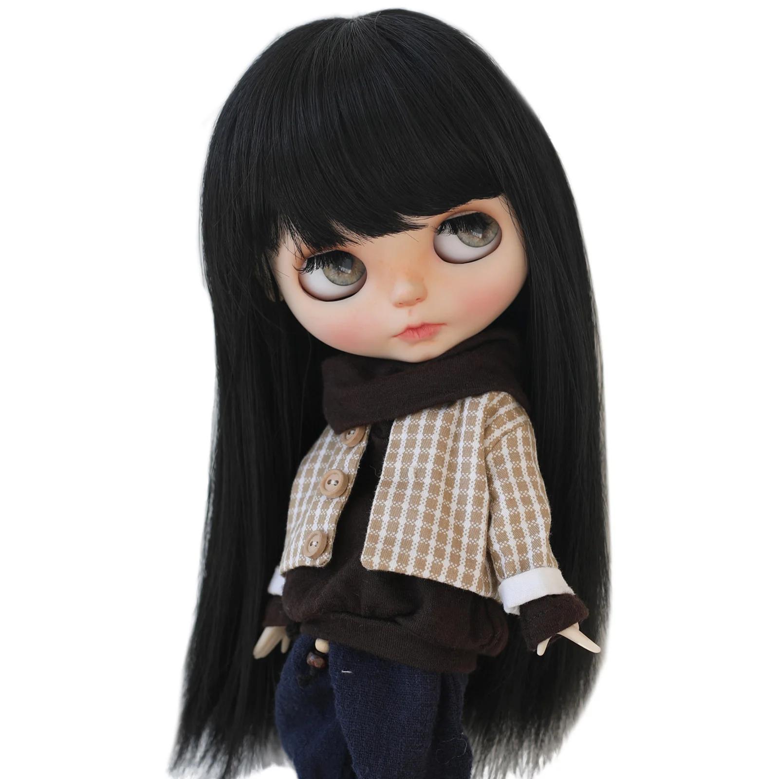 Perruque Blyth de 9 à 10 pouces, cheveux noirs longs et lisses