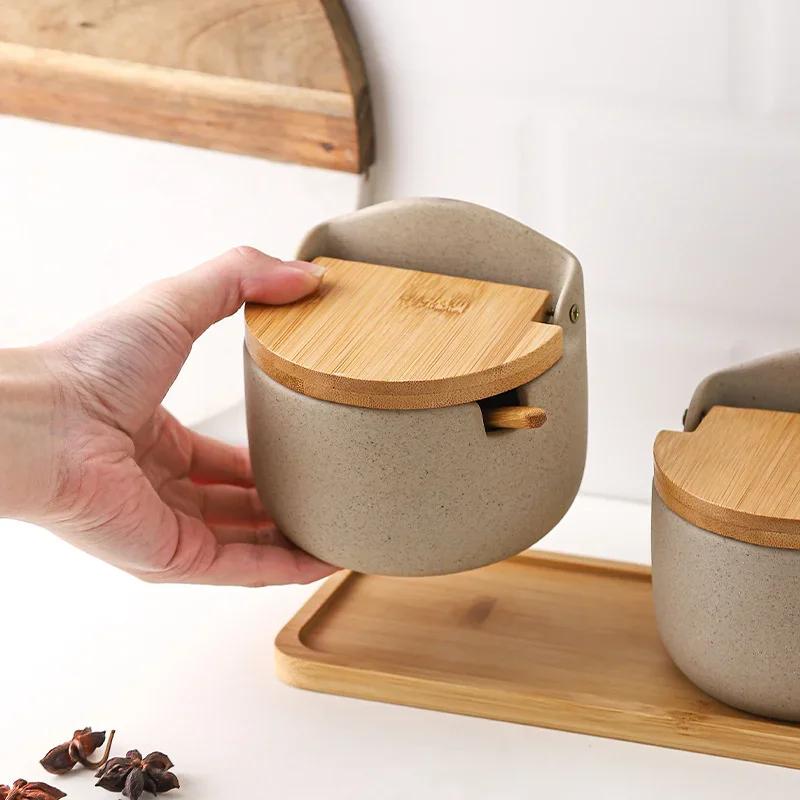 Pot d'assaisonnement en céramique de Style japonais, couvercle en bambou, pot à épices avec cuillère