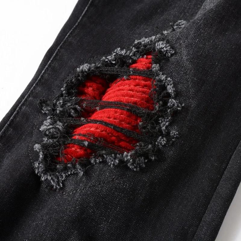 Jean de motard plissé rouge craquelé pour hommes, Streetwear, pantalon en Denim extensible, slim, ef