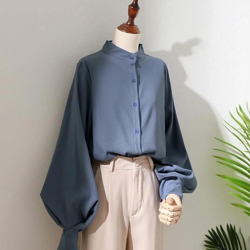 Chemise à manches longues lanterne pour femme, chemisiers de style printemps et automne, col montant
