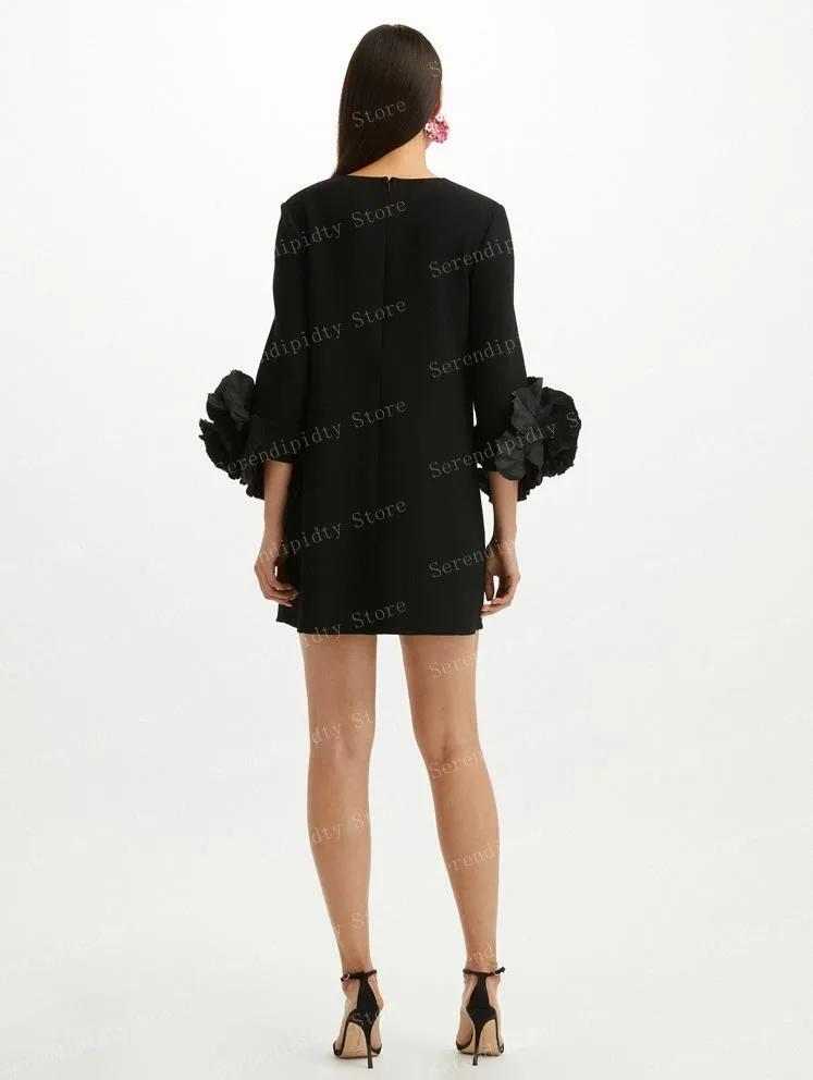 Robe en Satin à col rond pour femmes, manches longues, robe droite à fleurs, mini-robe à roses noire