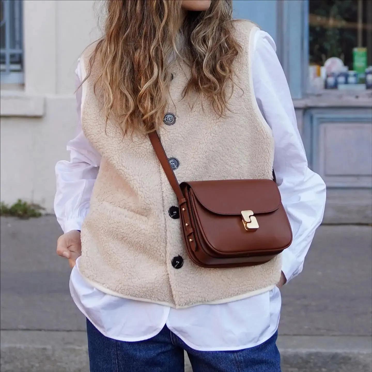 Sac carré en cuir de vachette pleine fleur de marque française pour femme, sac à bandoulière de haut