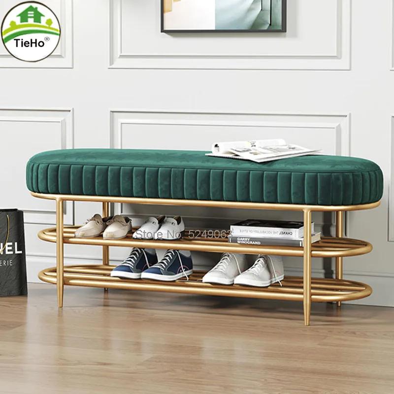 Banc de rangement de chaussures en velours doux 60/80/100CM, meuble à chaussures avec support à 2 ni