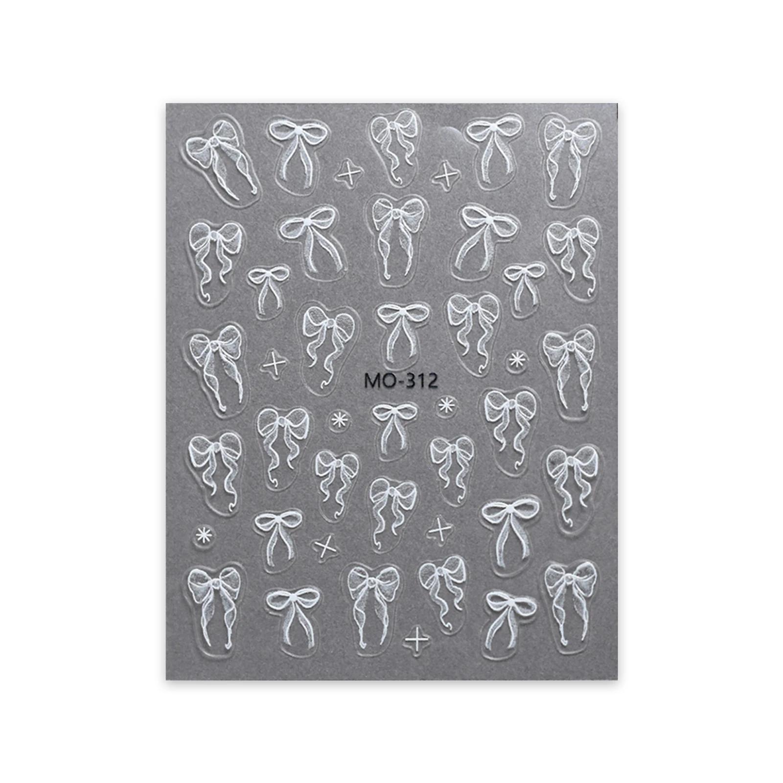 Autocollants pour ongles à nœud papillon, ruban blanc en Relief 3D, mignon, rose doux, autocollants