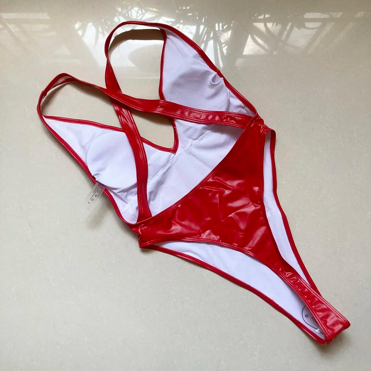 Maillot de bain une pièce sexy push-up taille haute monokini PU pour plage et piscine