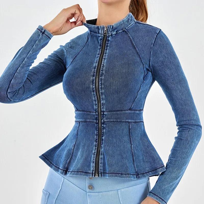 Veste en denim à fermeture éclair pour femme, manches longues, col haut, ourlet trapèze, minceur, yo