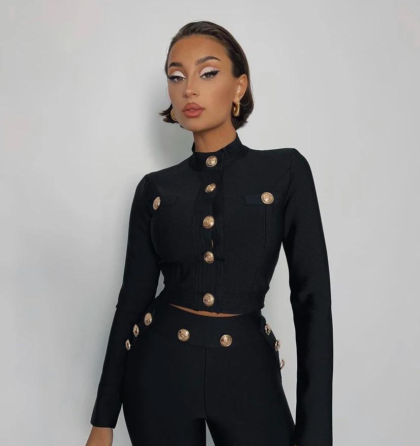 Nouveau Style d'automne couleur noire femmes à manches longues bouton rayonne Bandage manteau pantal