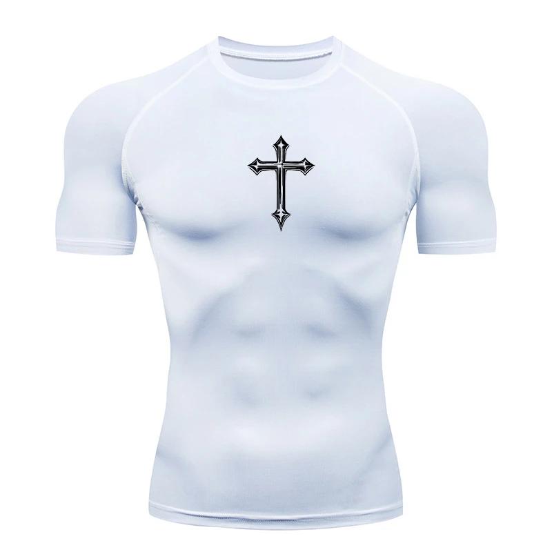Chemise de compression à imprimé croisé pour hommes, t-shirt athlétique chrétien, hauts d'entraîneme