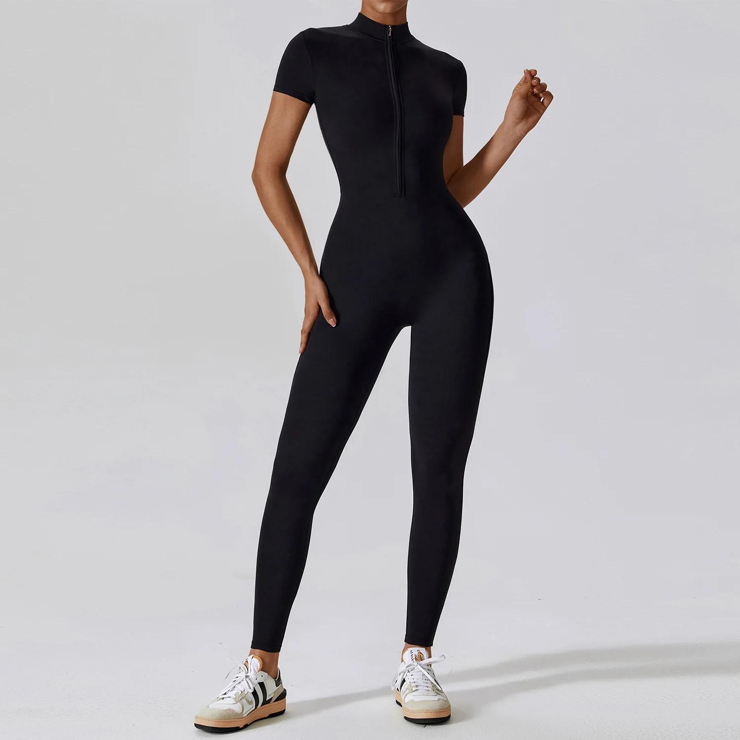 Combinaison yoga femme une pièce fermeture éclair manches courtes push up fitness