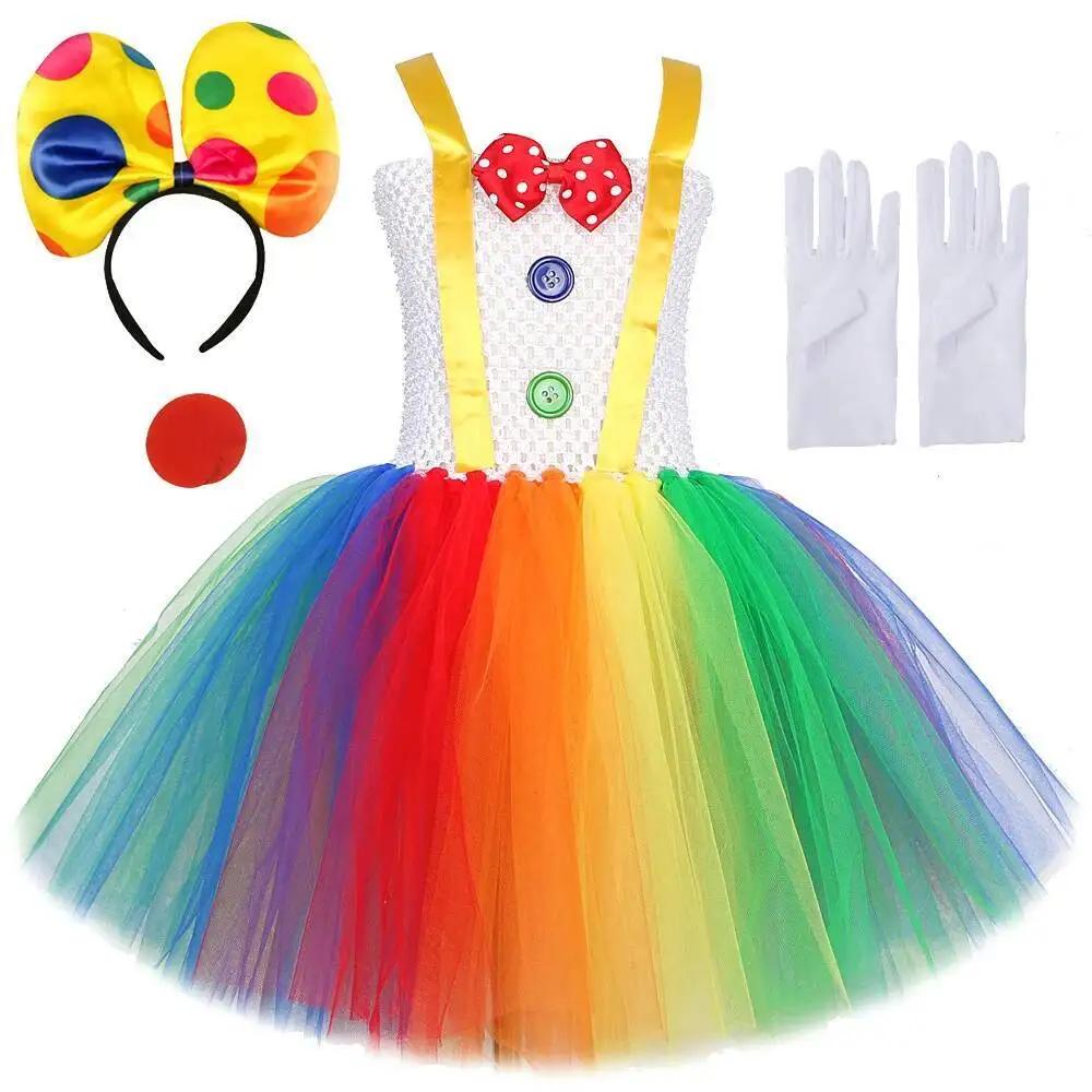 Costume de Clown de cirque arc-en-ciel pour filles, robe Tutu d'halloween Joker drôle pour enfants,
