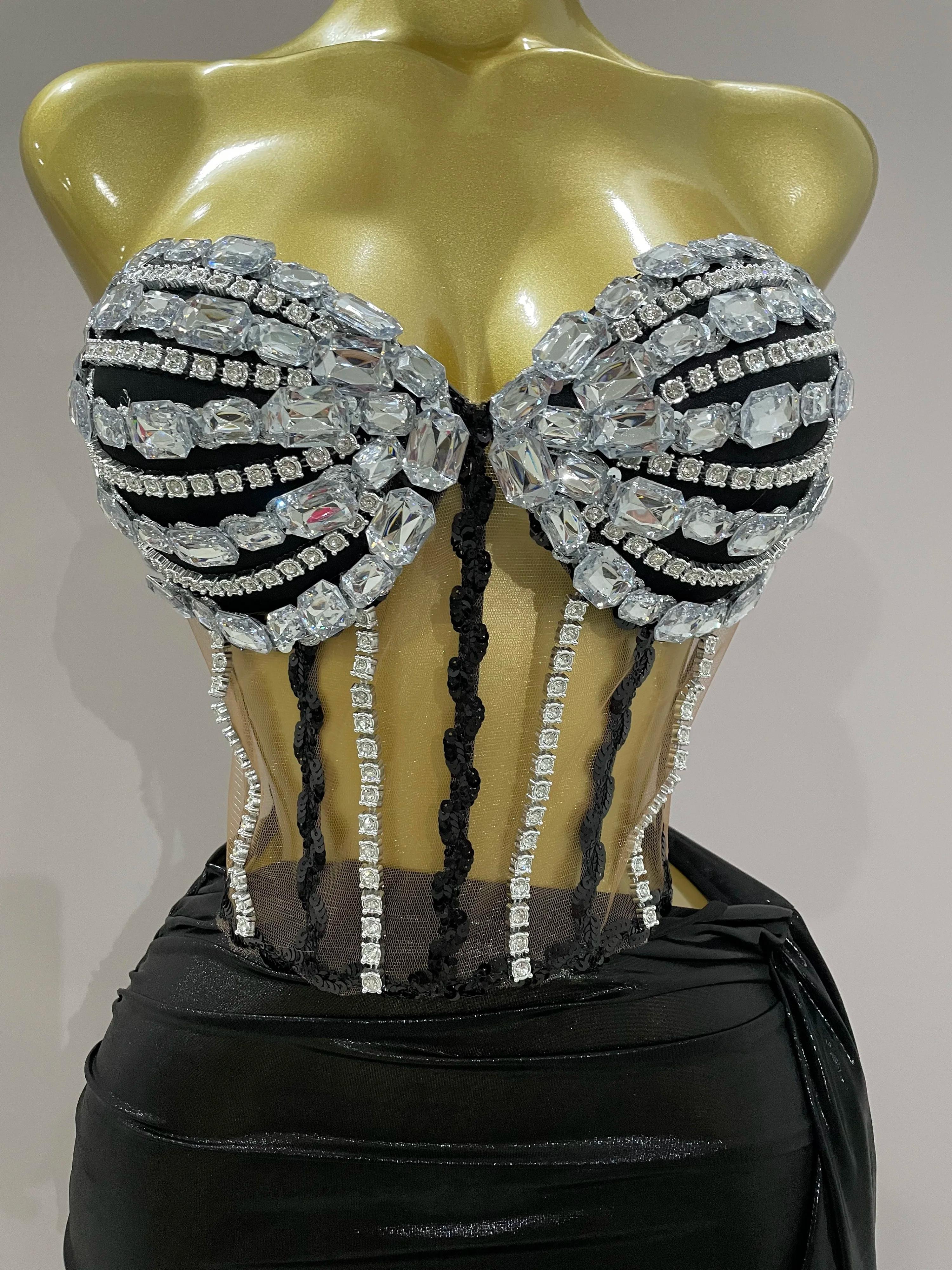 Sexy brillant strass paillettes 2 pièces haut jupe ensemble 2025 femmes célébrité soirée scène disco