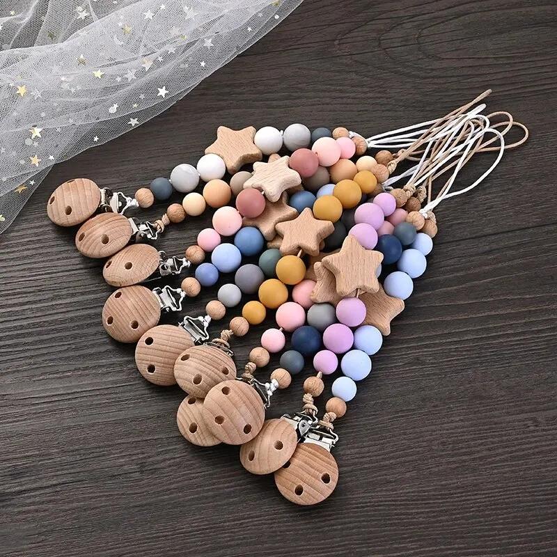 Clips de chaîne de sucette pour bébé, anneau de dentition pentagramme en bois, perles rondes en Sili