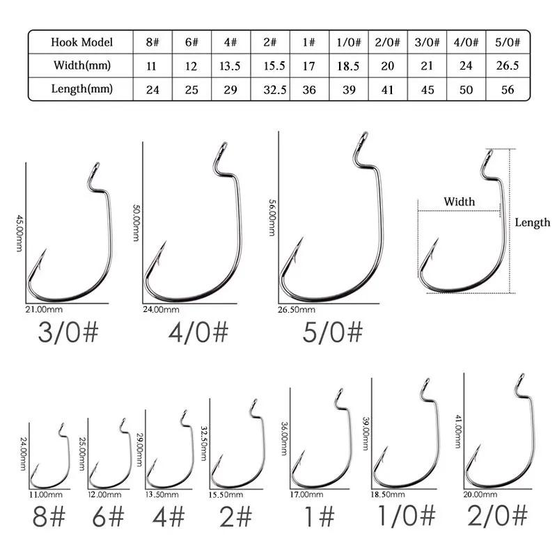100 hameçons de pêche offset JYJ toutes tailles #5/0 à #8 - Acier carbone pour appâts souples grands yeux