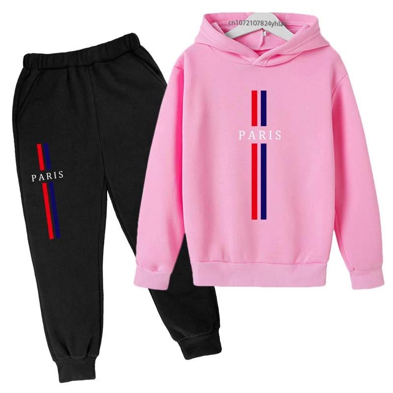 Enfants automne printemps décontracté Paris imprimer 2 pièces sweat à capuche + pantalon survêtement