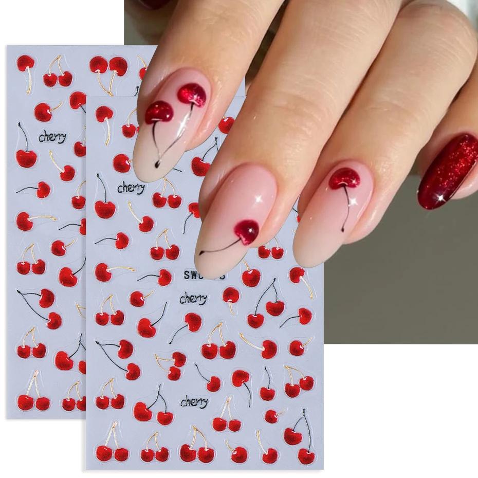 Autocollants pour ongles cerise rouge, 2 pièces, dessin animé fruits cerises tropicaux, Design d'été
