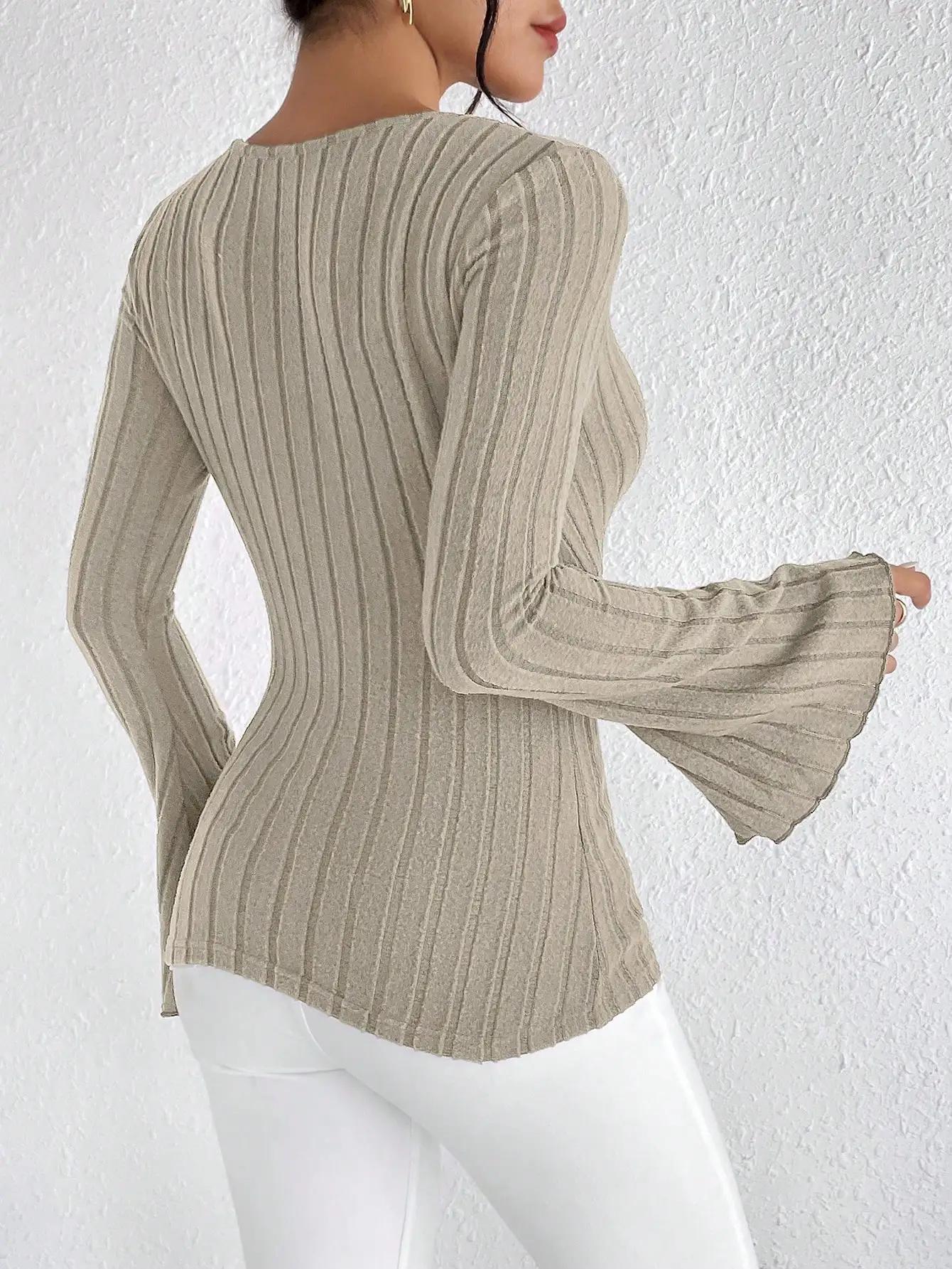T-shirt à manches longues et col en V pour femmes, chemise slim rayée sexy, Y, automne et hiver