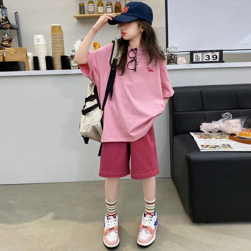 Ensemble de vêtements pour filles d'été, t-shirt en coton à imprimé alphabet + short uni, ensembles