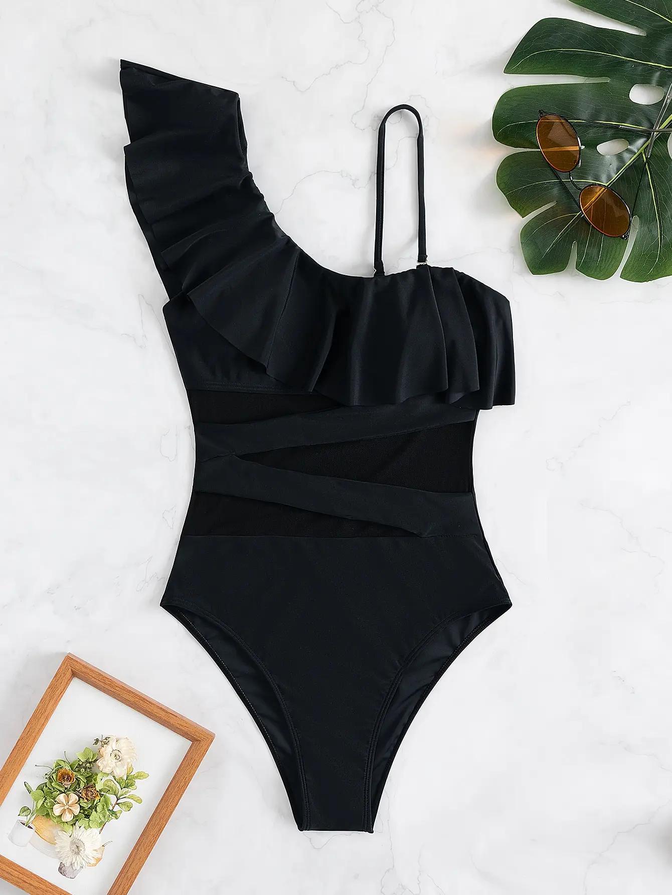 Maillot de bain une pièce femme à volants et empiècements en maille contrastante 2026, style body, p