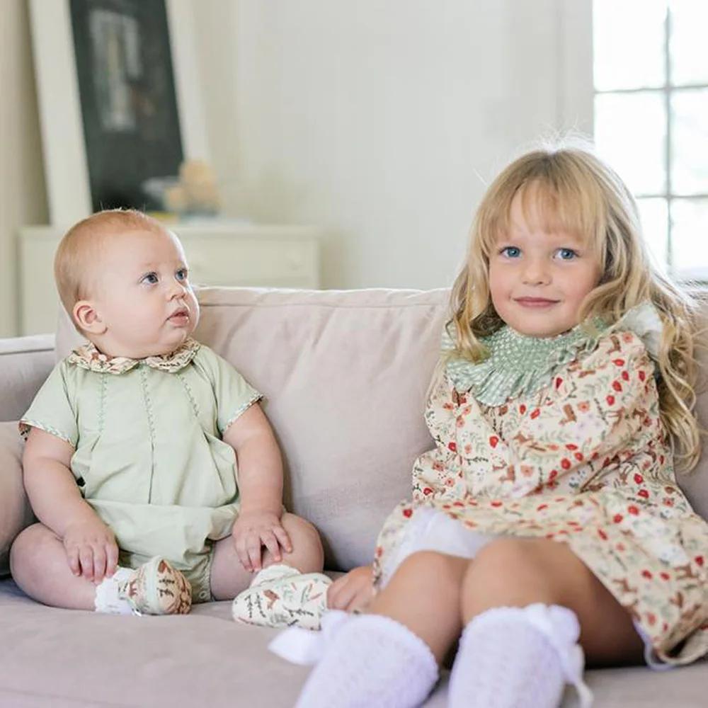 Vêtements de Boutique pour Enfant, Barboteuse à Manches Courtes en Coton Vert, Imprimé Floral, Col à