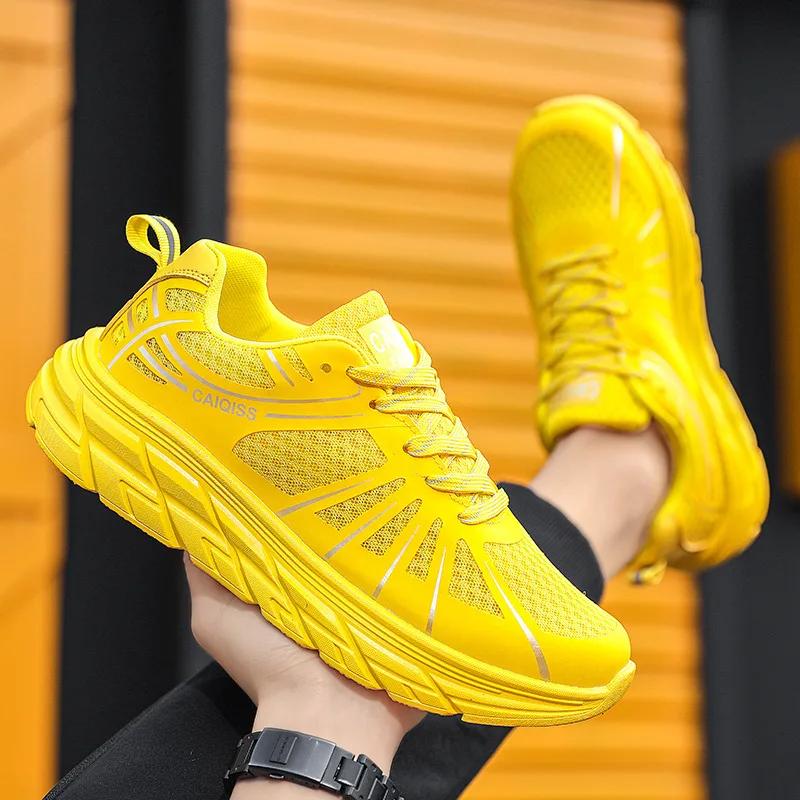 Chaussures de course respirantes en maille pour couple, baskets athlétiques jaunes à la mode pour ho