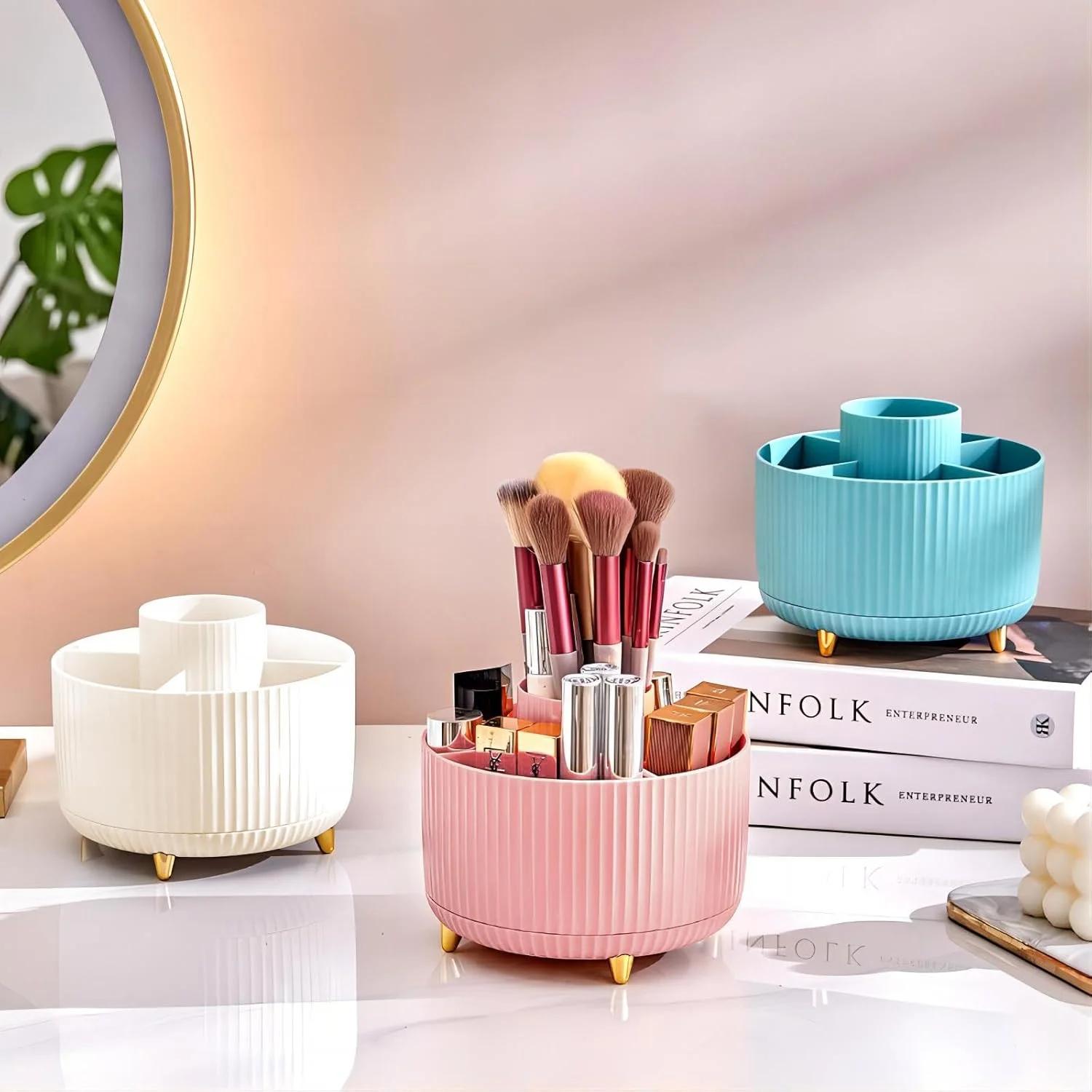 360 ° Boîte de rangement rotative pour outils de maquillage, organisateur de bureau, porte-pinceau
