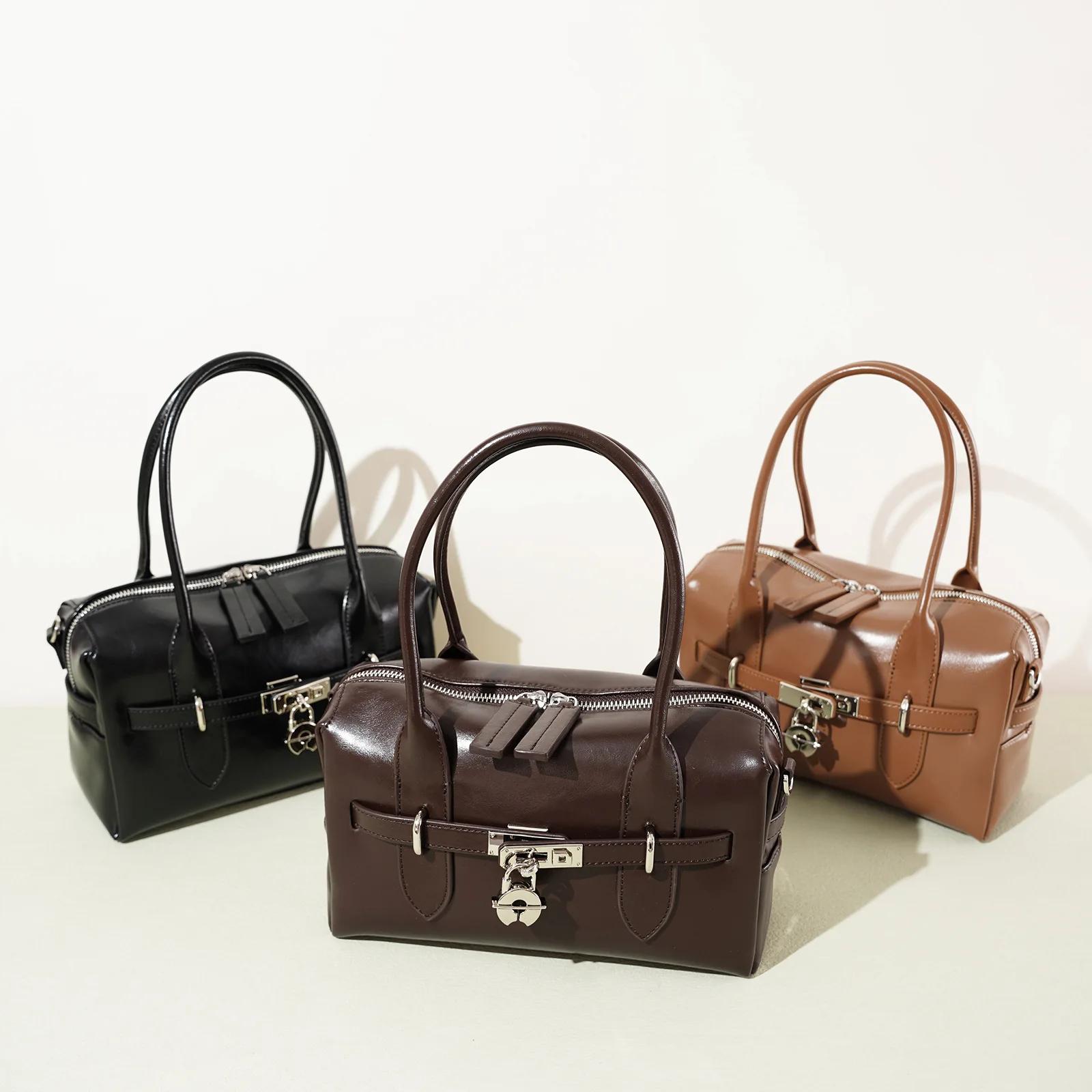 Sac à main Boston en cuir de Grain pour femmes, sac à main spacieux avec serrure, sac à bandoulière