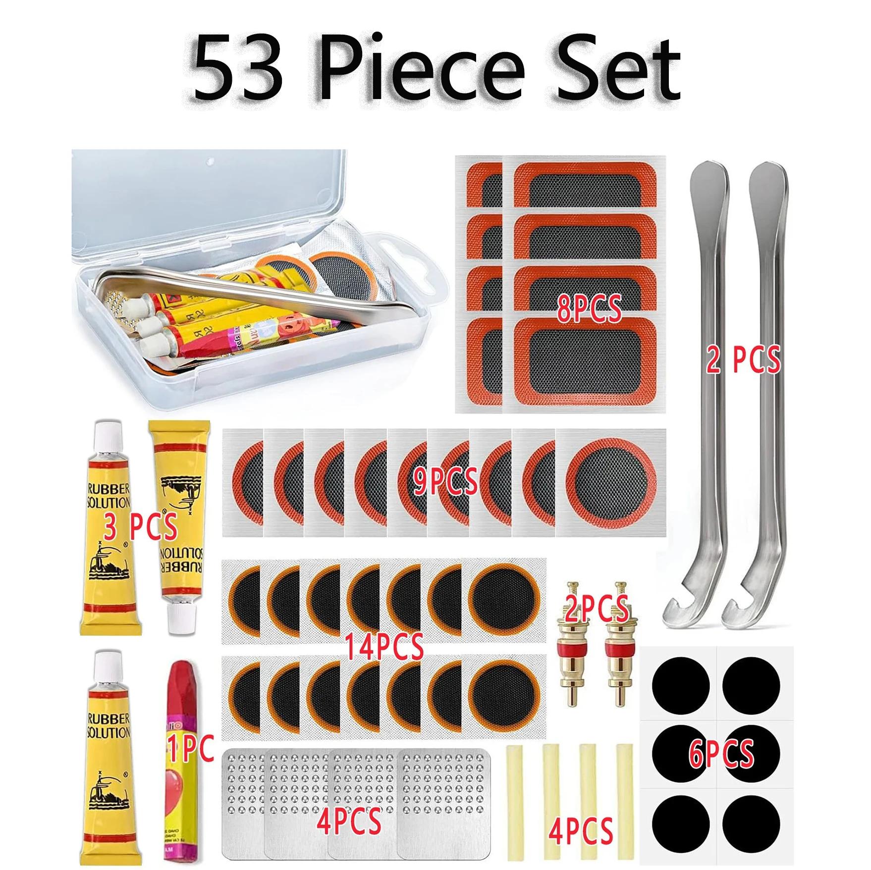 Kit de réparation de pneus de vélo, ensemble de 13/53 pièces, comprenant des patchs, un film abrasif