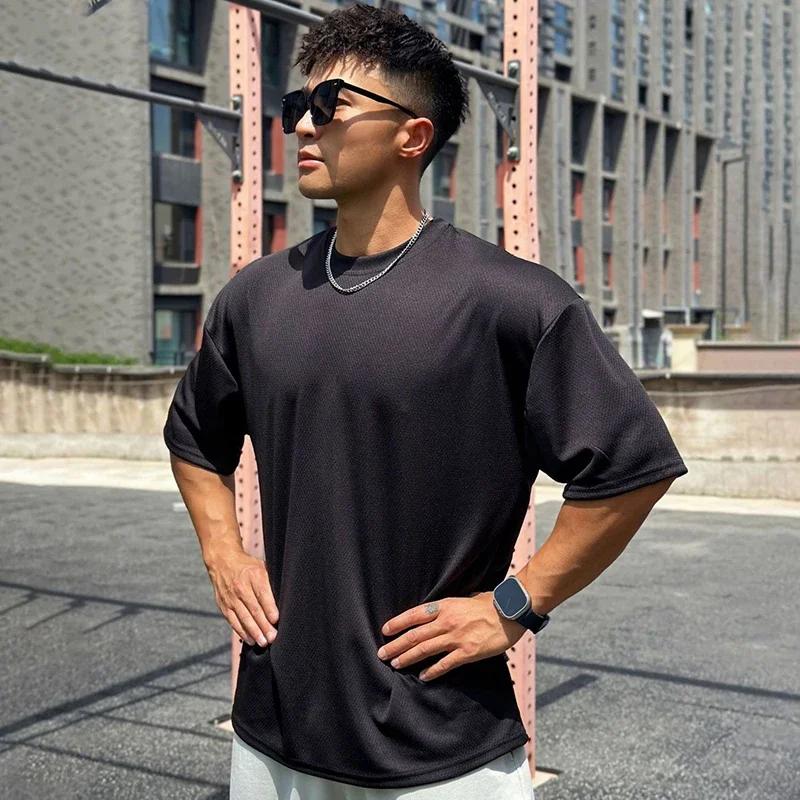 T-Shirt de Sport de course pour hommes, ample, surdimensionné, vêtements d'entraînement, de musculat