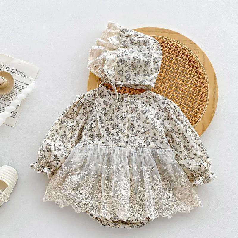 Body + chapeau pour nouveau-né fille, en coton imprimé, couture en dentelle, combinaison pour bébé f