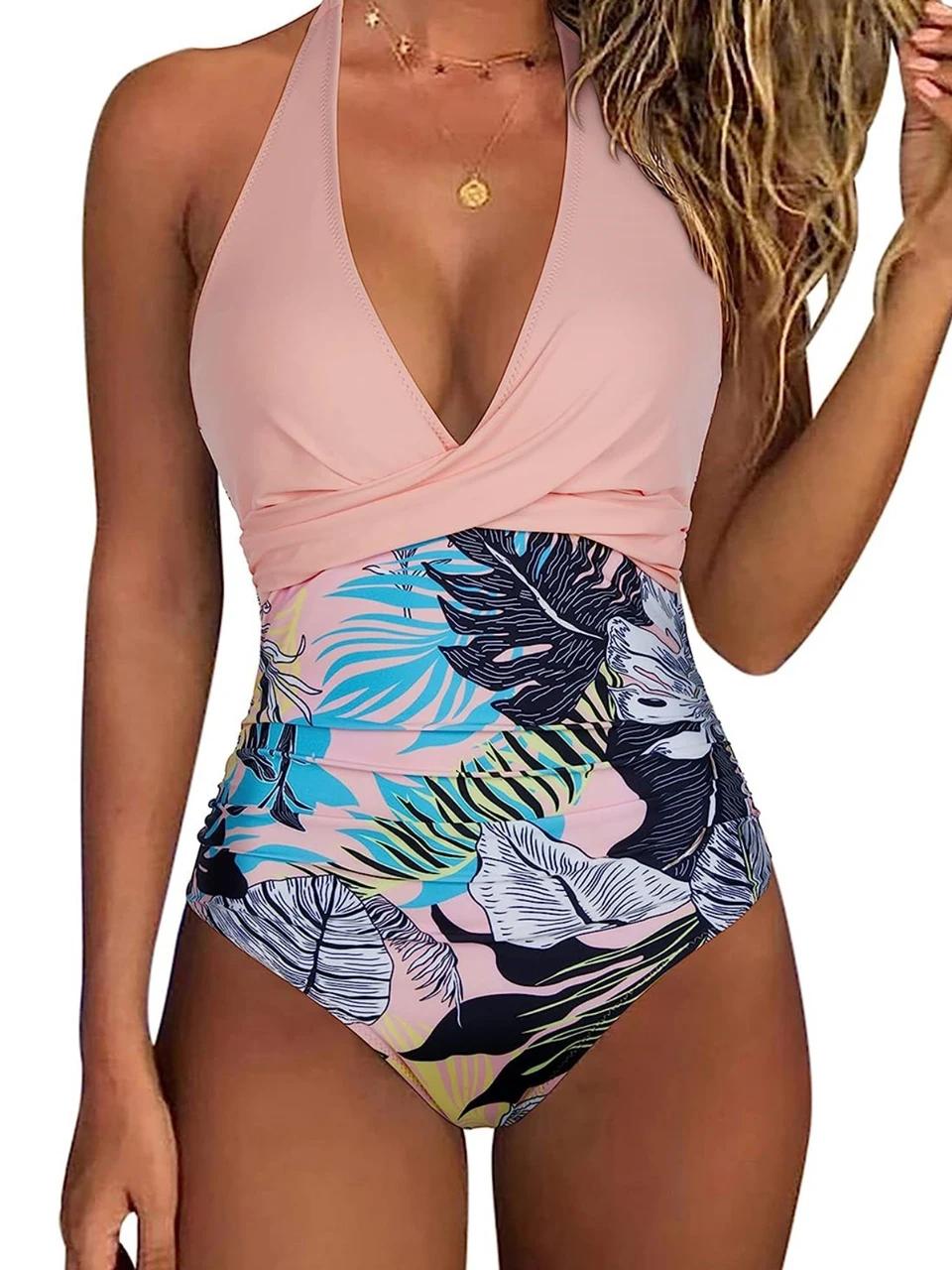Maillot de bain une pièce imprimé croisé smocké, col licou, Sexy, pour femmes, vêtements de plage re