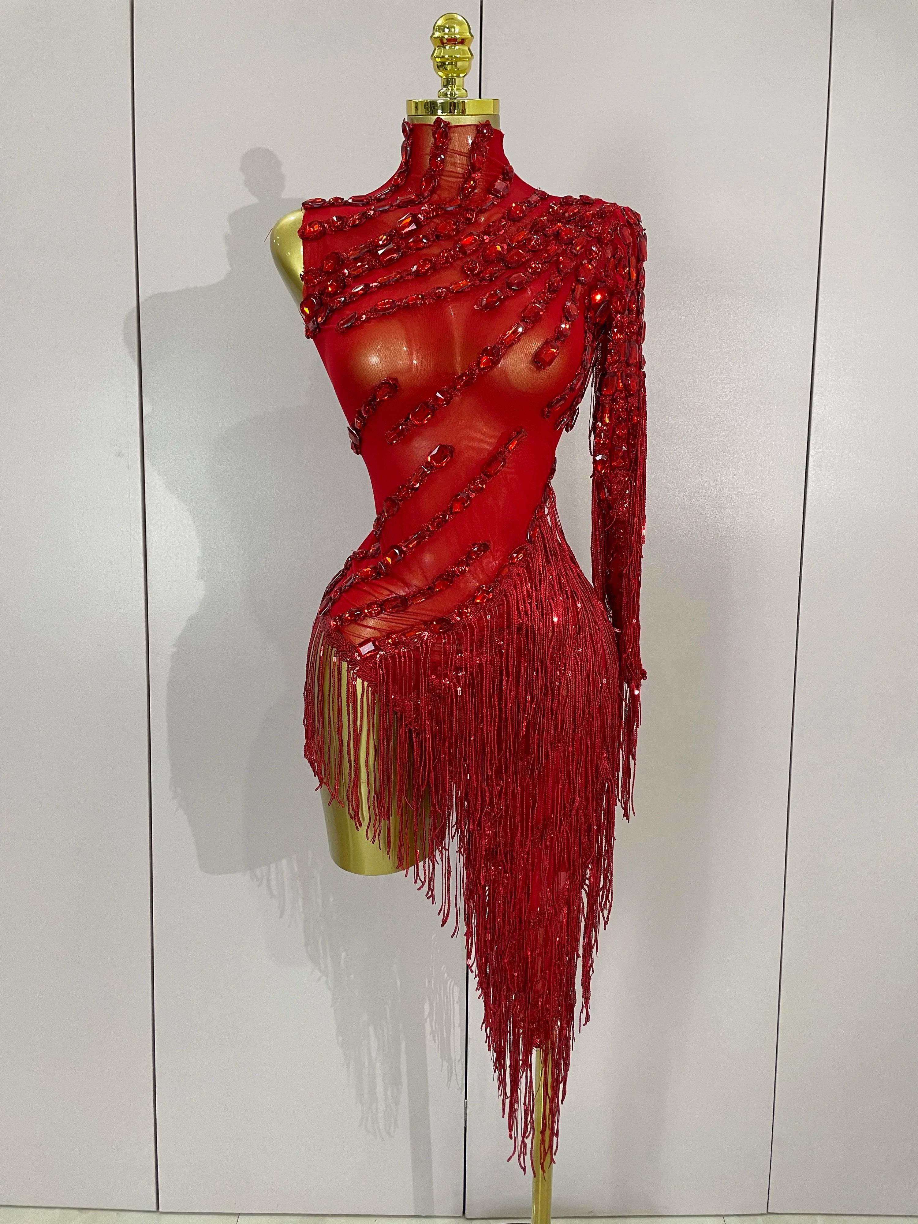 Costume de scène avec franges et strass scintillants pour femmes, robe transparente Sexy, asymétriqu