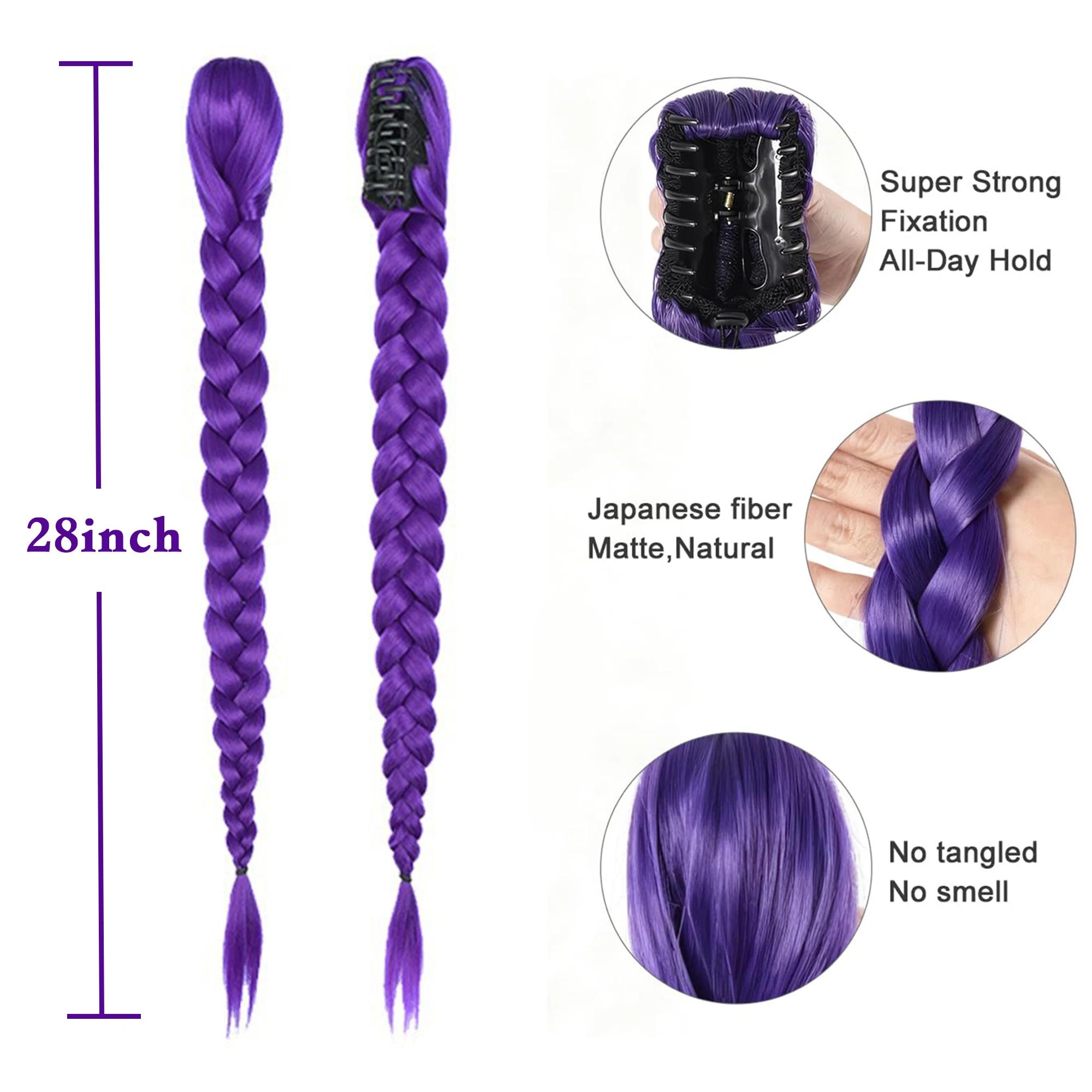 Extension de cheveux synthétiques longue queue de cheval à clipser, tressée violette, pour cosplay,