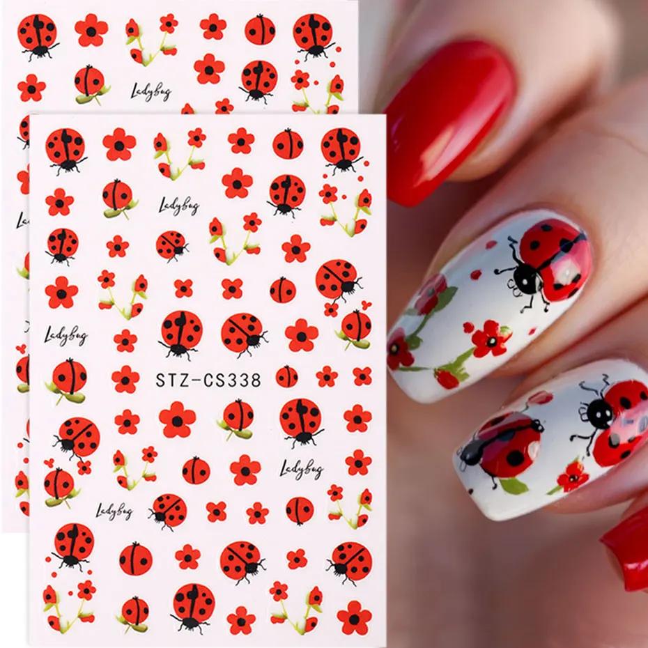 Autocollants pour ongles coccinelle de dessin animé 3D, 2 pièces, pétales rouges d'insecte mignons,