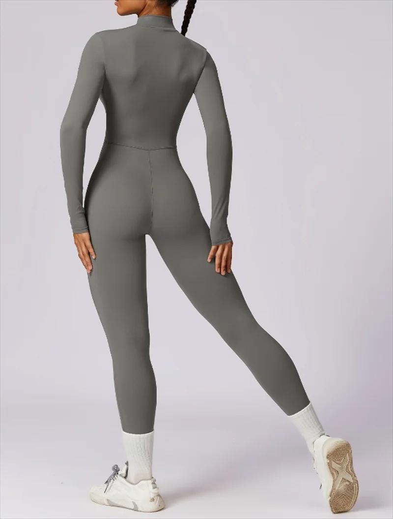 Combinaison yoga longue intégrée demi-zip - Vêtement sport femme couleur unie manches longues sexy