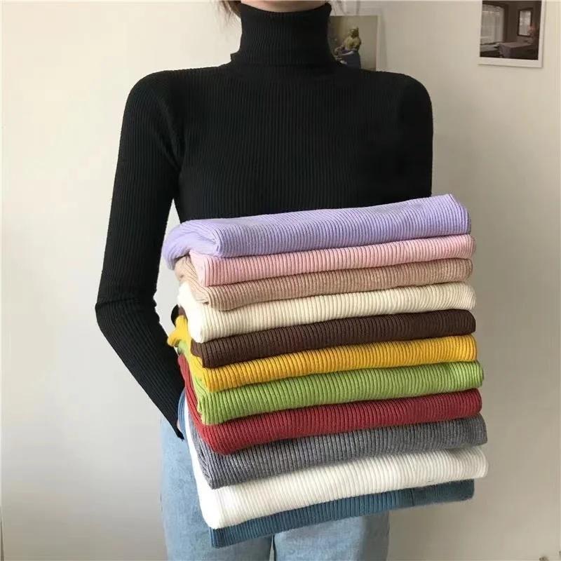 Pull à col roulé pour femme, Simple, mode hiver, tricot élastique, décontracté, couleur unie, noir,