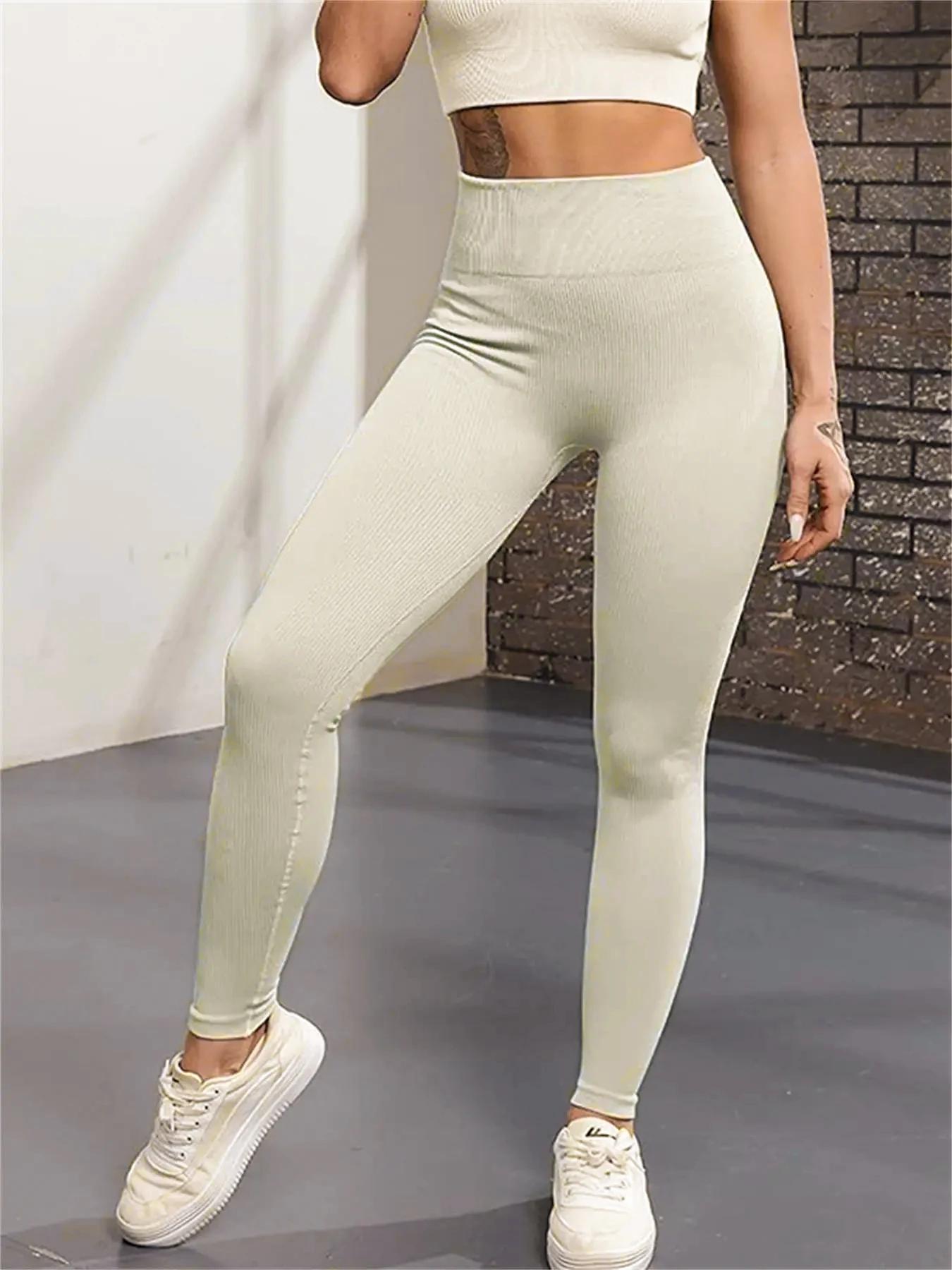 Pantalons de Yoga côtelés pour femmes, Leggings de Sport taille haute, sans couture, Fitness, contrô