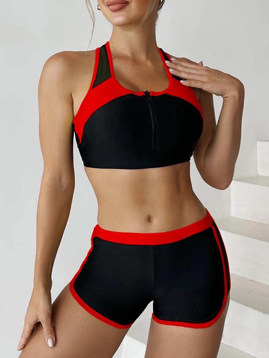 Bikini deux pièces zippé 2026 avec short pour femme - Tenue de plage sportive estivale