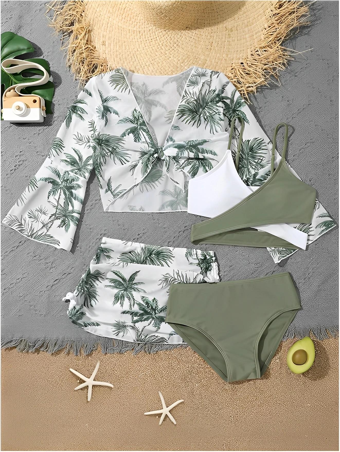Ensemble 4 pièces haut de bikini et jupe 2026 pour filles, maillot de bain taille haute pour enfants